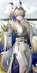 1girl absurdres arknights armpits bare_shoulders bead_necklace beads blonde_hair blue_eyes breasts brooch closed_mouth collarbone dragon_girl dragon_horns dragon_tail earrings eastern_dragon_horns eastern_dragon_tail hair_between_eyes highres horns jewelry large_breasts ligod long_hair long_sleeves looking_at_another looking_at_viewer necklace shu_(arknights) smile solo strapless tail tassel tassel_earrings tube_top white_tube_top