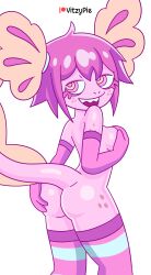 1girl absurdres artist_name ass axolotl axolotl_ears axolotl_girl axolotl_tail back breasts colored_skin completely_nude elbow_gloves feet_out_of_frame freckles from_behind gloves grabbing_own_ass hand_on_own_ass hand_on_own_chest hands_on_own_chest heart highres logo looking_at_viewer looking_back naked_gloves nude original paid_reward patreon_logo patreon_username pink_eyes pink_gloves pink_hair pink_skin sharp_teeth shiny_skin short_hair socks solo standing striped_clothes striped_socks tail teeth thighhighs vitzypie