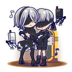 1boy 1girl 2b_(nier:automata) 9s_(nier:automata) adobe_illustrator_(medium) anakona back_cutout black_boots black_dress black_gloves black_hairband black_thighhighs blindfold blush boots chibi chibi_only clothing_cutout commentary_request dancing dress drone full_body gloves grey_hair hairband hetero holding_hands jukebox musical_note nier:automata nier_(series) short_hair thighhighs