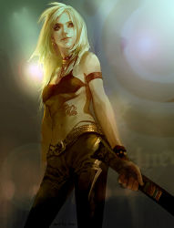 1girl akizhao belt breasts casey_lynch denim earrings female_focus guitar_hero jeans jewelry long_hair muted_color pants solo strapless tube_top underboob