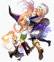 Rule 34 | 2girls, amaretto virgine, amoretta virgine, blonde hair, book, boots, brown eyes, grimgrimoire, hat, jimu kaji, kajimiya (kaji), knee boots, lillet blan, long hair, multiple girls, ponytail, simple background, smile, vanillaware, witch hat, wizard hat