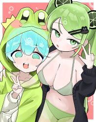 1girl 1other bikini blue_hair breasts captain_poop3 cookie_run cookie_run:_kingdom green_eyes green_hair highres humanization lime_cookie long_hair looking_at_viewer other_focus peppermint_cookie shirt short_hair smile swimsuit twintails