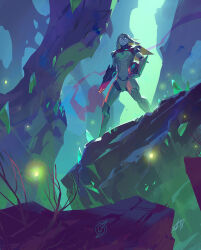 Rule 34 | 1girl, arm cannon, armor, blonde hair, closed mouth, forest, full body, glowing, glowing eyes, hair between eyes, helmet, holding, holding unworn helmet, long hair, looking at viewer, metroid, nature, nintendo, normal suit (metroid), plant, power armor, power suit (metroid), samus aran, signature, solo, toni infante, unworn headwear, unworn helmet, weapon