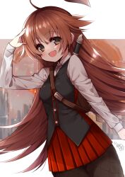 Rule 34 | 1girl, ahoge, black vest, breasts, brown bag, brown eyes, brown hair, duel masters, duel masters play&#039;s, fishnet pantyhose, fishnet thighhighs, fishnets, flute, huge ahoge, instrument, kbtur, kokko rupiko, long hair, long sleeves, looking at viewer, medium breasts, open mouth, pantyhose, pleated skirt, recorder, red skirt, salute, shirt, signature, skirt, solo, thighhighs, very long hair, vest, white shirt