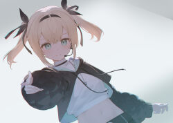 Rule 34 | 1girl, aqua eyes, belt, black hoodie, blonde hair, closed mouth, commentary request, crop top, cropped hoodie, hair ribbon, hana mori, headset, highres, hololive, hood, hood down, hoodie, jewelry, kazama iroha, kazama iroha (pop dance), long hair, long sleeves, midriff, navel, necklace, official alternate costume, pointing, puffy long sleeves, puffy sleeves, ribbon, shirt, simple background, skirt, solo, stomach, twintails, undershirt, virtual youtuber, white background, white shirt