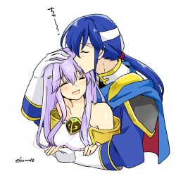 1boy 1girl armor bare_shoulders blue_cape blue_hair breasts brother_and_sister cape circlet closed_eyes couple dress fire_emblem fire_emblem:_genealogy_of_the_holy_war gloves headband hug hug_from_behind incest julia_(fire_emblem) kiss kissing_forehead long_hair medium_breasts nintendo open_mouth ponytail purple_hair seliph_(fire_emblem) shoulder_armor siblings simple_background smile white_gloves white_headband yukia_(firstaid0)