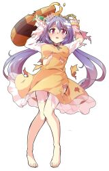 1girl bare_shoulders barefoot dairi defeat dress low_twintails pigeon-toed purple_eyes purple_hair shining_needle_castle solo tachi-e torn_clothes torn_dress touhou tsukumo_benben twintails yellow_dress