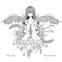 Rule 34 | 1girl, abstract, absurdres, album cover, arms behind back, artist request, bare shoulders, building, closed eyes, collarbone, copyright name, cover, disembodied mouth, dissolving, dot nose, dress, facing viewer, frown, gears, greyscale, guitar, highres, instrument, long hair, long sleeves, marmalade butcher (band), melting, monochrome, official art, second-party source, skyscraper, solo, song name, split mouth, water drop, white background, wings