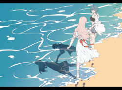 2girls absurdres asahina_yuni bare_shoulders beach bow breasts collarbone dress haoxiangkan_nutong highres holding_hands jacket kyou_wa_kanojo_ga_inai_kara large_breasts multiple_girls ocean open_clothes open_jacket outdoors red_bow short_hair short_sleeves smile taki_fuuko water white_dress white_jacket yuri