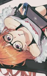 1girl absurdres bare_shoulders black-framed_eyewear black_bra black_thighhighs bra bra_strap breasts candy collarbone cowboy_shot food from_above glasses handheld_game_console highres holding holding_handheld_game_console jacket lollipop long_hair looking_at_viewer looking_up mnce_o mouth_hold nintendo_switch off-shoulder_shirt off_shoulder open_clothes open_jacket orange_hair persona persona_5 purple_eyes sakura_futaba shirt sitting small_breasts solo t-shirt thighhighs underwear white_shirt