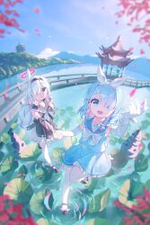 2girls absurdres arona_(blue_archive) black_eyes black_hairband black_serafuku black_skirt blue_archive blue_eyes blue_hair blue_halo blue_serafuku blue_skirt blue_sky blush bow braid coffeiz_p dress frilled_dress frilled_skirt frills gloves hair_bow hairband halo highres long_hair multiple_girls open_mouth outdoors pantyhose plana_(blue_archive) red_halo school_uniform serafuku skirt sky white_gloves white_hair white_pantyhose