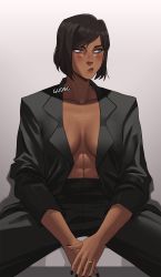 1girl abs against_wall avatar_legends black_nails black_pants black_suit blue_eyes breasts brown_hair cleavage collarbone dark-skinned_female dark_skin formal_clothes grey_background gud0c high-waist_pants highres jacket jewelry korra large_breasts looking_away muscular muscular_female nail_polish no_bra open_clothes open_jacket pants ring short_hair sitting sleeves_pushed_up solo spread_legs suit swept_bangs the_legend_of_korra topless_male wedding_band