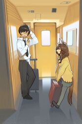 1boy 1girl absurdres animal_ears ashinowoto bag blush braid brown_hair commentary_request curren_bouquetd&#039;or_(umamusume) faceless faceless_male full_body highres horse_ears horse_girl horse_tail long_hair low_twin_braids pantyhose scenery standing sweatdrop tail train_interior trainer_(umamusume) twin_braids umamusume