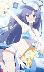1girl absurdres alternate_costume alternate_hairstyle arm_up armpits blue_archive blue_eyes blue_hair blue_sky blush breasts cheerleader cleavage commentary confetti day drone hand_on_own_hip highres holding holding_pom_poms long_hair looking_at_viewer medium_breasts millennium_cheerleader_outfit_(blue_archive) nervous_smile nose_blush open_mouth pom_pom_(cheerleading) pom_poms skirt sky smile solo star_sticker sticker_on_face surps thigh_strap thighs visor_cap white_skirt yuuka_(blue_archive)