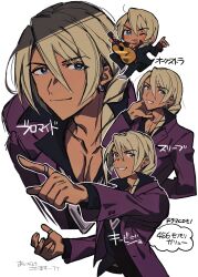 Rule 34 | 1boy, absurdres, ace attorney, apollo justice: ace attorney, black shirt, blonde hair, blue eyes, chain, chain necklace, chibi, chibi inset, dark-skinned male, dark skin, drill hair, earrings, grgrton, guitar, hair between eyes, hand on own neck, highres, holding, holding instrument, instrument, jacket, jewelry, klavier gavin, leaning forward, long hair, male focus, multiple views, necklace, partially open jacket, pointing, popped collar, purple jacket, ring, shirt, side drill, single earring, white background