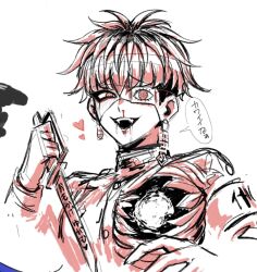 1boy armband blood eyepatch face_piercing heart highres holding holding_knife holding_weapon japanese_text knife last_defense_academy_school_uniform limited_palette lip_piercing male_focus messy_hair multicolored_hair nosebleed omokage_yugamu one_eye_covered open_mouth piercing red_eyes saliva solo solo_focus speech_bubble the_hundred_line_-last_defense_academy- translation_request upper_body weapon