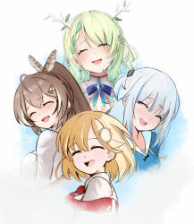 4girls ahoge album_cover antlers blonde_hair blue_hair blunt_bangs blush bob_cut bohemian_rhapsody branch breasts brown_hair ceres_fauna cleavage cover crying earrings flower gawr_gura gawr_gura_(casual) green_hair hair_flower hair_ornament hololive hololive_english hood horns jewelry long_hair magnifying_glass mole mole_under_eye multicolored_hair multiple_girls nanashi_mumei nanashi_mumei_(casual) off-shoulder_shirt off_shoulder official_alternate_costume official_alternate_hairstyle open_mouth parody queen_(band) ryness shark_girl sharp_teeth shirt short_hair smile streaked_hair sweater teeth tree_horns virtual_youtuber watson_amelia watson_amelia_(street_casual) white_shirt white_sweater