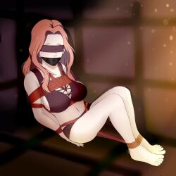 1girl ass bare_shoulders bdsm blindfold blush bondage bound bra breasts brown_background brown_bra brown_panties cleavage collarbone cornelia_arnim covered_mouth dankestofdans feet female_focus fire_emblem fire_emblem:_three_houses gag gagged highres huge_ass improvised_gag intelligent_systems large_breasts long_hair navel nintendo orange_hair panties red_rope rope shiny_clothes shiny_skin sideboob solo tape tape_gag tape_on_mouth underwear underwear_only very_long_hair