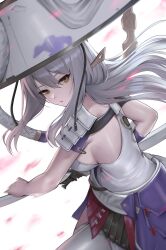 1girl absurdres breasts brown_eyes closed_mouth commentary_request goddess_of_victory:_nikke grey_hair hat highres katana kurone_rinka large_breasts long_hair looking_at_viewer scarlet_(nikke) simple_background solo sword weapon white_background