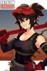 1girl absurdres animification artist_name black_shirt blue_eyes breasts brown_hair collarbone detached_sleeves fortnite gloves hair_between_eyes hand_on_own_hip highres holding holding_wrench looking_at_viewer mask mask_on_head medium_breasts ponytail red_gloves shirt sleeveless sleeveless_shirt smgold smirk solo the_machinist_(fortnite) wrench