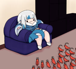 1girl :3 animal_hood between_legs blue_hoodie chibi closed_mouth couch ebi-chan_(gawr_gura) fins fish_tail full_body gawr_gura hair_ornament hololive hololive_english hood hoodie indoors long_sleeves shark_girl shark_hair_ornament shark_hood shark_tail short_hair shrimp sitting smile smol_gura solo tail torororose virtual_youtuber white_footwear white_hair