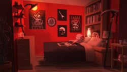 Rule 34 | a date with death, absurdres, analog clock, animal skull, axolotl, bedroom, blanket, book, bookshelf, clock, cup ramen, desk lamp, drop shadow, ghost print, highres, indoors, jar, lamp, lava lamp, nightstand, no humans, non-web source, official art, plant, poster (object), potted plant, scenery, scythe, shelf, stuffed animal, stuffed toy, table, variant set, weapon against wall, wooden floor