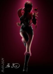 1girl boots breasts cleavage dress female_focus heart huge_breasts ita_3d jacket large_breasts leather leg_up long_hair ponytail red_hair shermie_(kof) skirt standing standing_on_one_leg the_king_of_fighters thick_thighs thighs wide_hips