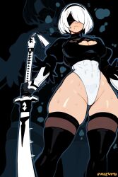 1girl 2b_(nier:automata) abs black_blindfold black_hairband blindfold boots breasts cleavage covered_eyes covered_navel feather-trimmed_sleeves feather_trim from_below hairband highres holding holding_sword holding_weapon leotard looking_down mole mole_under_mouth nier nier:automata nier_(series) paizumi solo standing sweat sword thighhighs thighhighs_under_boots thighs thong_leotard weapon white_leotard wide_hips