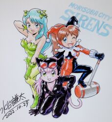 age_difference batman_(series) blue_eyes blue_hair brown_hair cat catsuit catwoman catwoman_(cosplay) child cosplay dc_comics female furry genji_tsuushin_agedama goggles green_eyes hammer harley_quinn harley_quinn_(cosplay) hat heike_ibuki highres ivy jester jester_cap jester_girl kuki_rei loli long_hair official_art pink_fur pink_hair plant poison_ivy ponytail smile tail tenpuraken warner_bros.