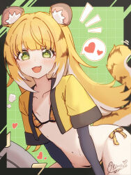 Rule 34 | 1girl, :d, animal ears, animal print, bikini, black gloves, blush, breasts, cropped shirt, elbow gloves, gloves, green eyes, heart, highres, ju fufu, k0me, looking at viewer, navel, open mouth, signature, smile, solo, speech bubble, spoken heart, swimsuit, tiger ears, tiger print, zenless zone zero