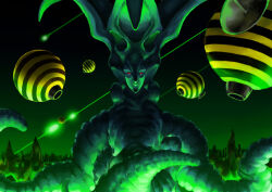 alien cannon daiei_motion_picture directed-energy_weapon energy energy_beam energy_cannon energy_weapon gamera_(series) gamera_vs._viras glowing glowing_eyes kaiju laser laser_cannon looking_at_viewer no_humans nurikabe_(mictlan-tecuhtli) octopus red_eyes sea_monster space_monster spacecraft squid tentacles ufo viras viras_ufo weapon