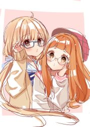 2girls adjusting_eyewear bespectacled blonde_hair blue-framed_eyewear blue_dress blush bow brown_eyes brown_hair brown_jacket closed_mouth commentary_request cropped_torso dress futaba_anzu glasses hat highres ichihara_nina idolmaster idolmaster_cinderella_girls idolmaster_cinderella_girls_starlight_stage jacket long_hair long_sleeves looking_at_viewer low_twintails multiple_girls open_clothes open_jacket pink_background pink_hat pink_sailor_collar plaid_hat puffy_long_sleeves puffy_sleeves rino_cnc round_eyewear sailor_collar sailor_dress semi-rimless_eyewear shirt sleeves_past_wrists striped_bow twintails two-tone_background under-rim_eyewear upper_body very_long_hair white_background white_sailor_collar white_shirt