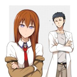 Rule 34 | 1boy, 1girl, adam&#039;s apple, arm belt, beard stubble, belt, black belt, black hair, breast pocket, breasts, brown hair, brown jacket, brown pants, coat, collarbone, collared shirt, crossed arms, facial hair, grey eyes, grey shirt, hair between eyes, hair over shoulder, head tilt, jacket, jacket partially removed, lab coat, lapels, leather belt, light blush, long sleeves, makise kurisu, messy hair, namari, necktie, notched lapels, object in pocket, okabe rintarou, pants, pen in pocket, pocket, purple eyes, purple trim, red necktie, science adventure, shirt, shirt partially tucked in, small breasts, steins;gate, stubble, t-shirt, white coat, white shirt