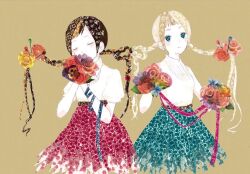 2girls 922pochan aqua_hair aqua_skirt blonde_hair blue_ribbon blunt_bangs blush braid brown_background brown_hair closed_eyes collared_shirt commentary covered_mouth cropped_torso expressionless floral_print flower hands_up intertwined_hair looking_at_viewer masking_tape_(medium) mixed_media multiple_girls original parted_bangs pink_ribbon puffy_short_sleeves puffy_sleeves ribbon rose sewing_pin shirt short_sleeves sidelocks skirt sleeveless sleeveless_shirt traditional_media twin_braids unconventional_media
