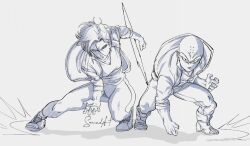 1boy 1girl android_18 bald bald_male couple dragon_ball dragon_ball_super dragon_ball_super_super_hero fighting_stance husband_and_wife kienzan kuririn looking_at_viewer martial_arts sarulart serious sketch