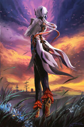 1girl absurdres arlecchino_(genshin_impact) black_pants cloud cloudy_sky coat commentary_request dated floating_hair from_behind full_body genshin_impact grass highres long_hair long_sleeves multicolored_hair outdoors pants red_streaks s-h_(uvfu5554) signature sky solo streaked_hair sunset very_long_hair white_coat white_hair