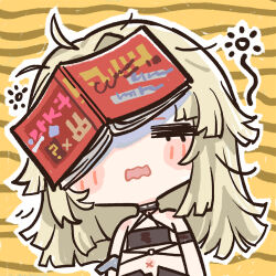 1girl blush_stickers book book_on_head chibi chibi_only chinese_commentary closed_eyes cui_pi_zha_xia_qiu girls&#039;_frontline girls&#039;_frontline_neural_cloud headset object_on_head official_art second-party_source shale_(neural_cloud) solo squeans visor_cap wavy_mouth