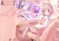 1girl animal_ear_headphones animal_ears blue_eyes blush breasts cat_ear_headphones chair chinomaron closed_mouth commentary_request computer_keyboard computer_mouse desk drawing_tablet dress duplicate fake_animal_ears from_side headphones highres indoors light_smile long_sleeves looking_at_viewer looking_to_the_side mary_janes medium_hair monitor multiple_monitors office_chair original pantyhose pink_dress pink_hair pink_shirt pink_shoes pink_theme pixel-perfect_duplicate shirt shoes small_breasts swivel_chair white_pantyhose white_shirt
