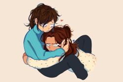 Rule 34 | arm around back, blue sweater, brown hair, commissioner insert, confetti print, constricted pupils, crying, crying with eyes open, earrings, frown, full body, hand on another&#039;s head, headpat, heart, highres, holding, hoop earrings, jewelry, looking at another, nobi33ka, on ground, our life, our life: now and forever, sidelocks, sitting, sweater, tears, white sweater