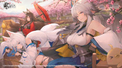 5girls absurdres ahoge amagi_(azur_lane) animal_ears armpits azur_lane bare_shoulders bibimbub bird black_gloves blue_eyes breasts bridge brown_hair canoe cat cherry_blossoms chick commentary copyright_name day detached_sleeves english_commentary fishing fox_ears fox_girl fox_mask fox_tail gloves gradient_hair grey_hair hakama hakama_skirt hanazuki_(azur_lane) haori highres holding holding_umbrella japanese_clothes kaga_(battleship)_(azur_lane) kitsune large_breasts long_hair looking_at_viewer low_ponytail manjuu_(azur_lane) mask mask_on_head meowfficer_(azur_lane) multicolored_hair multiple_girls multiple_tails naganami_(azur_lane) nontraditional_miko official_art oil-paper_umbrella outdoors ponytail purple_eyes river sailing short_hair sitting skirt smile symbol-only_commentary tail tosa_(azur_lane) tree umbrella unworn_mask watermark white_hair wide_sleeves