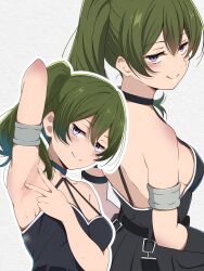 Rule 34 | 1girl, :q, arm strap, arm up, armlet, armpit crease, armpit focus, armpits, back, bare shoulders, belt, black belt, black choker, black dress, black gloves, blush, borgbutler, breasts, choker, collarbone, commentary, dress, fingernails, gloves, green hair, hair between eyes, hair over shoulder, highres, jewelry, jitome, looking at viewer, looking back, medium breasts, medium hair, multiple views, o-ring, o-ring choker, outline, presenting armpit, purple eyes, shoulder blades, side ponytail, sideboob, sidelocks, sideways glance, simple background, single bare arm, single glove, sleeveless, sleeveless dress, smile, solo, sousou no frieren, spread armpit, strap, sweat, tongue, tongue out, ubel (sousou no frieren), upper body, v, white background, white outline, white trim