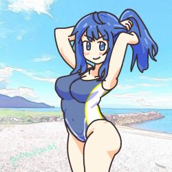 1girl alternate_hairstyle armpits arms_behind_head beach blue_eyes blue_hair breasts cleavage covered_navel highres large_breasts legs looking_at_viewer make_heroine_ga_oo_sugiru! medium_hair ocean one-piece_swimsuit ponytail smile solo swimsuit thighs water yanami_anna