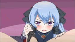 1girl animated animated_gif blue_hair blush handjob jewelry necklace open_mouth panties_on_penis penis penis_under_another&#039;s_clothes purple_eyes solo_focus zee_(zee_sub)