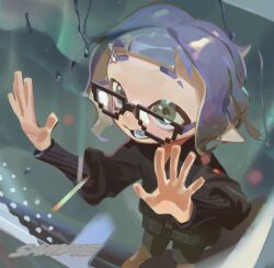 1girl acuteghost against_glass black-framed_eyewear black_jacket black_shorts colored_tongue eyebrow_cut fangs green_eyes hand_on_glass highres inkling inkling_girl inkling_player_character jacket long_sleeves nintendo open_mouth pointy_ears purple_hair purple_tongue raised_eyebrows sample_watermark short_hair shorts solo splatoon_(series) sunglasses tentacle_hair water_drop watermark