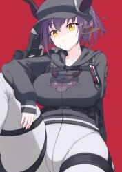 absurdres animal_ears arknights arm_on_own_leg black_hat black_shirt breasts chest_strap commission commissioner_upload cosplay cow_ears cow_horns crotch_seam expressionless gun gun_on_back hat highres horns jacket large_breasts leg_up leggings long_sleeves looking_at_viewer newsboy_cap non-web_source pants print_shirt projectorzero schwarz_(arknights) schwarz_(skyline)_(arknights) shirt sideroca_(arknights) sitting thigh_strap vgen_commission weapon weapon_on_back white_leggings white_pants yellow_eyes