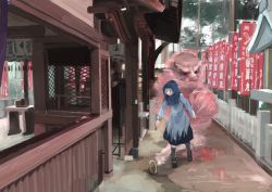 1boy 1girl beard blue_hair facial_hair flag hood hoop ichiba_youichi kumoi_ichirin long_sleeves mustache open_mouth real_world_location robe touhou unzan