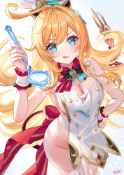 1girl :q absurdres apron aqua_eyes blonde_hair blue_eyes blush breasts chef chef_hat cleavage closed_mouth escoffier_(genshin_impact) fingernails fork_hair_ornament frilled_wrist_cuffs frills genshin_impact hair_between_eyes hand_on_own_hip hand_up hat heart heart_in_eye highres holding holding_ladle ladle lalazyt long_hair looking_at_viewer naked_apron no_panties simple_background smile solo standing symbol_in_eye tail thighhighs tongue tongue_out very_long_hair white_apron white_background white_hat white_thighhighs wrist_cuffs