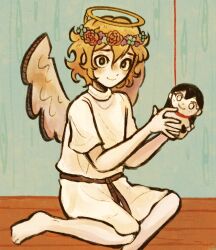1boy alternate_eye_color barefoot basil_(faraway)_(omori) basil_(omori) black_eyes blonde_hair blush character_doll closed_mouth doll fake_halo fake_wings flower halo head_wreath highres holding holding_stuffed_toy looking_at_viewer male_focus mari_(omori) mari_(spirit)_(omori) omori ottie_pops short_hair short_sleeves solo spoilers stuffed_toy wings