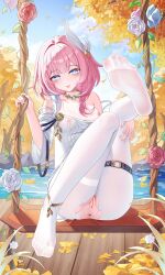 1girl absurdres anus bare_shoulders blue_eyes blue_sky breasts censored commentary_request cyrene_(honkai:_star_rail) dress hair_ornament highres honkai:_star_rail honkai_(series) jndfh lake leg_up looking_at_viewer medium_hair mosaic_censoring multicolored_hair on_swing outdoors pantyhose pink_hair pussy sky small_breasts smile soles solo swing swing_set thighs toes torn_clothes torn_pantyhose two-tone_hair variant_set water white_dress white_hair white_pantyhose wooden_floor