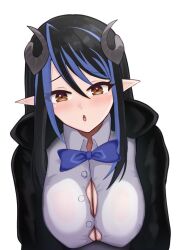 1girl alternate_costume black_hair black_jacket blue_bow blue_bowtie blue_hair blush bow bowtie breasts brown_eyes button_gap cleavage collared_shirt commentary_request curled_horns demon_girl demon_horns grey_horns hair_between_eyes haizen_beruku hebiyoi_tier horns jacket large_breasts leaning_forward long_bangs long_hair looking_at_viewer multicolored_hair nanashi_inc. open_mouth pointy_ears shirt sidelocks simple_background solo two-tone_hair upper_body virtual_youtuber white_background white_shirt